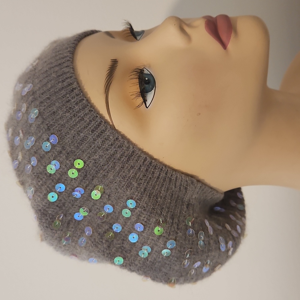 12x12 Gray Ombre Sequin Tam Beret Hat – Iridescent Sparkle Knit Cap Women's